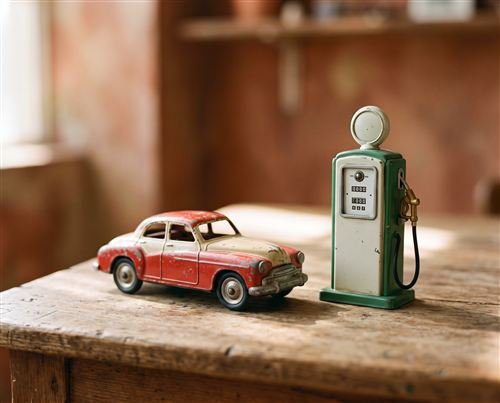 Carro de brinquedo ao lado de uma bomba de combustível