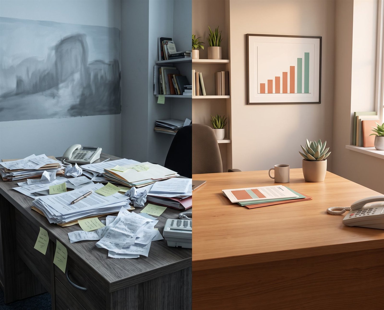 Comparação: mesa desorganizada antes, escritório organizado depois