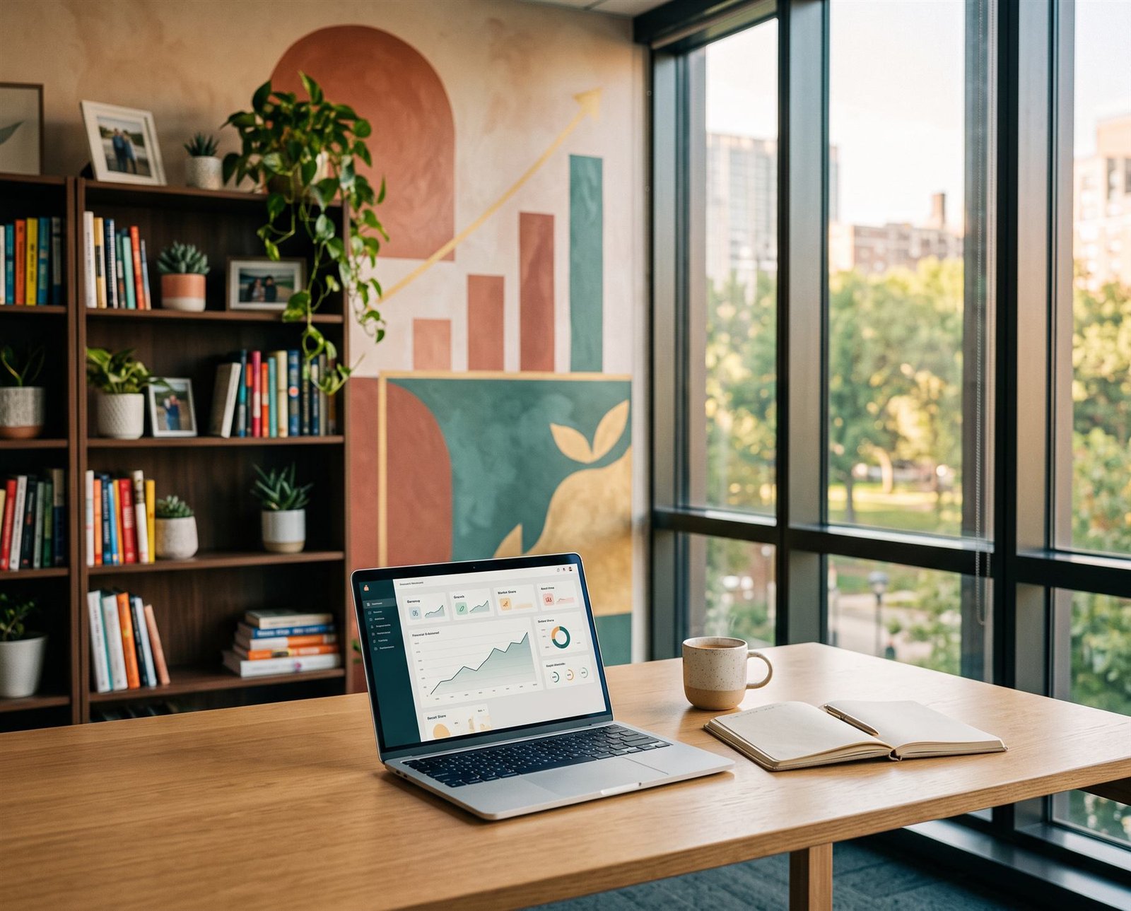 Notebook com painel financeiro sobre a mesa